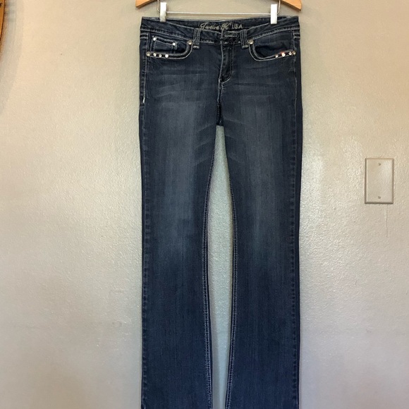 Twelve K Blue Bedazzled Embroidered Bootcut Jeans Low Rise Flap Pocket 9Jrs - Picture 3 of 16